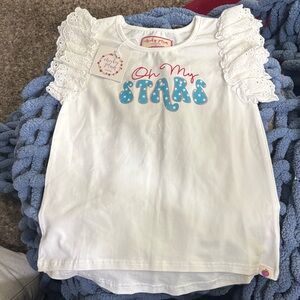 Cheeky Plum White Ruffle Sleeve Tee with Blue 'Oh My Stars'